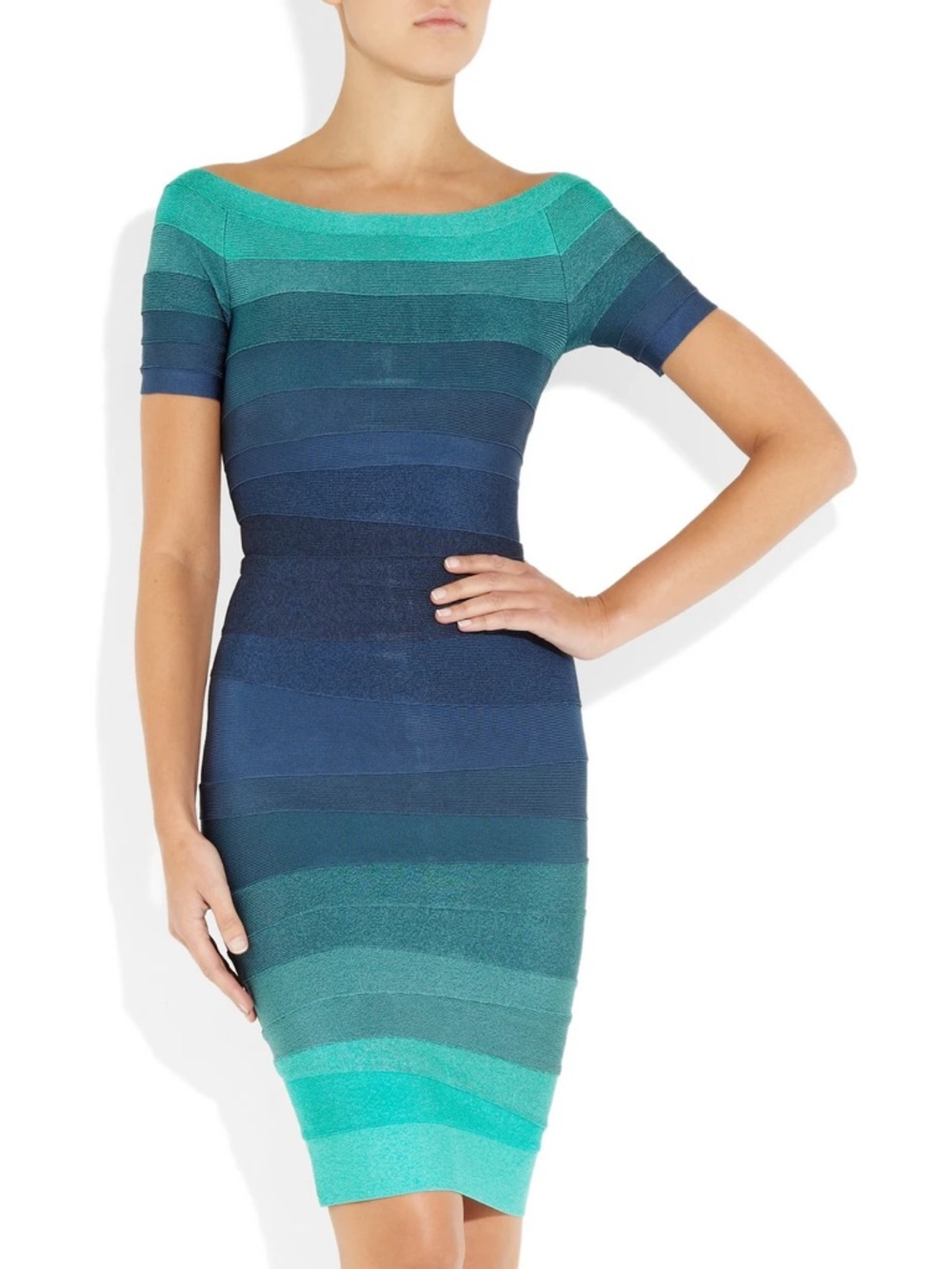 Herve Leger Carmen Bodycon Bandage Dress Size S Teal Navy Striped Mini Party